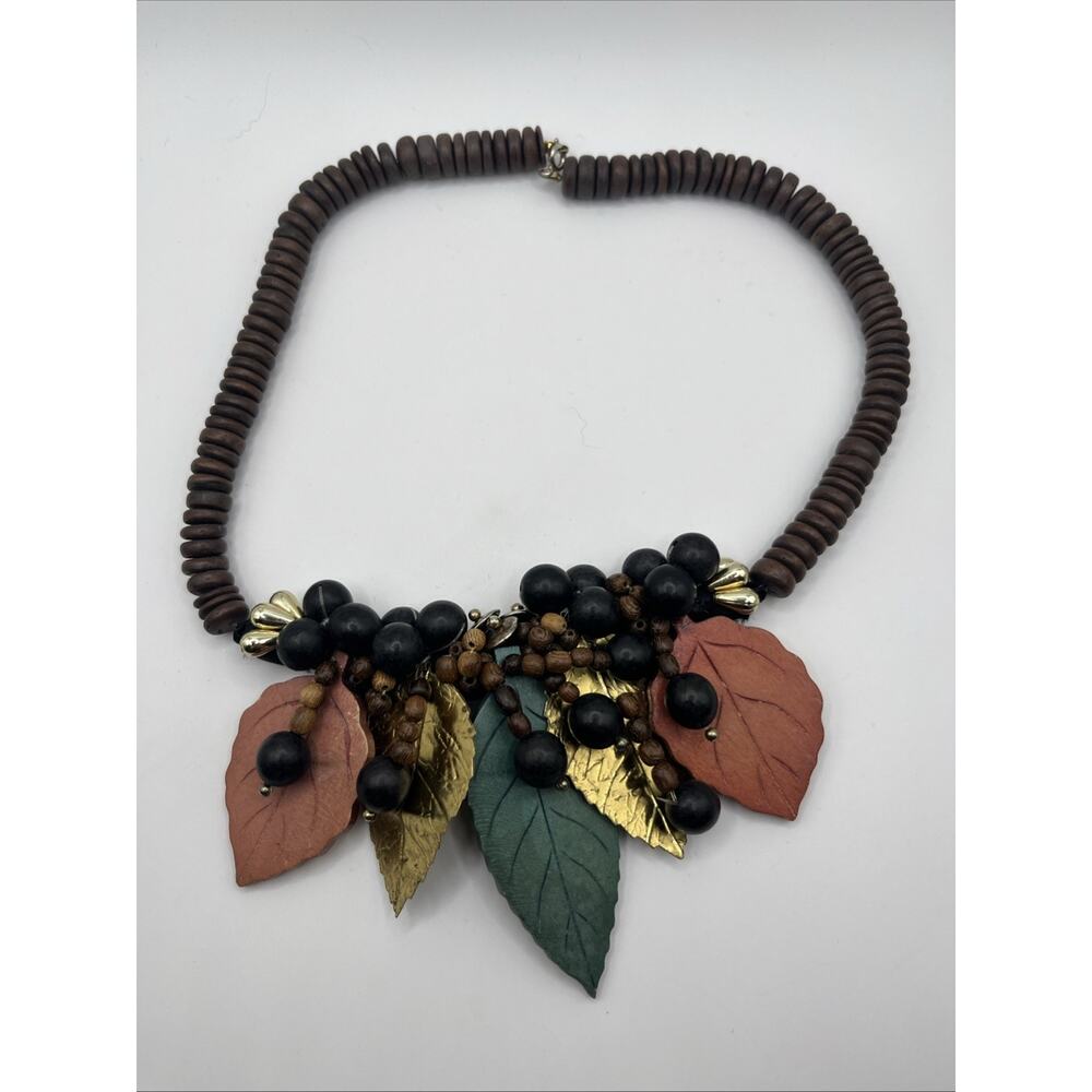 Woodland Leaf Statement Necklace Wooden Beads Autumn Boho Botanical Nature